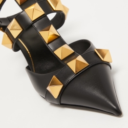 Pre Owned Valentino Black Leather Roman Stud Ankle Cuff Pointed Toe Pumps Size 38