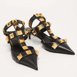 Pre Owned Valentino Black Leather Roman Stud Ankle Cuff Pointed Toe Pumps Size 38