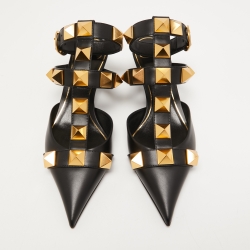 Pre Owned Valentino Black Leather Roman Stud Ankle Cuff Pointed Toe Pumps Size 38