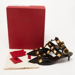 Pre Owned Valentino Black Leather Roman Stud Ankle Cuff Pointed Toe Pumps Size 38