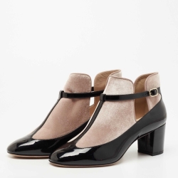 Pre Owned Valentino Black/Beige Velvet and Patent Leather Ankle Boots Size 38
