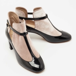 Pre Owned Valentino Black/Beige Velvet and Patent Leather Ankle Boots Size 38