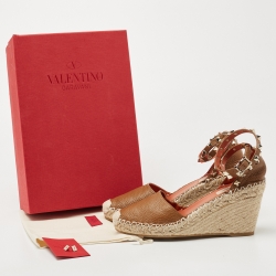 Pre Owned Valentino Brown Leather Rockstud Wedge Ankle Strap Sandals Size 37