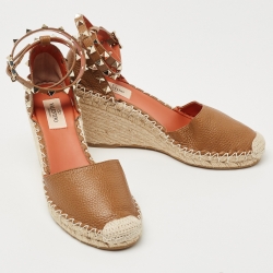 Pre Owned Valentino Brown Leather Rockstud Wedge Ankle Strap Sandals Size 37