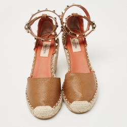 Pre Owned Valentino Brown Leather Rockstud Wedge Ankle Strap Sandals Size 37
