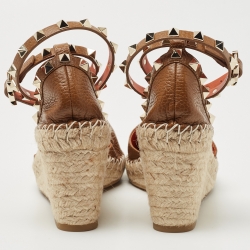 Pre Owned Valentino Brown Leather Rockstud Wedge Ankle Strap Sandals Size 37