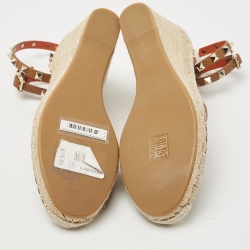 Pre Owned Valentino Brown Leather Rockstud Wedge Ankle Strap Sandals Size 37