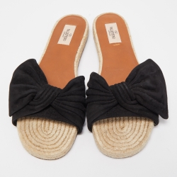 Pre Owned Valentino Black Suede Bow Espadrille Flat Slides Size 41