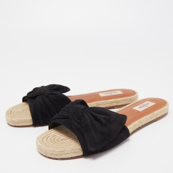 Pre Owned Valentino Black Suede Bow Espadrille Flat Slides Size 41