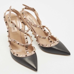 Pre Owned Valentino Black/Dusty Pink Leather Rockstud Ankle Strap Pumps Size 39