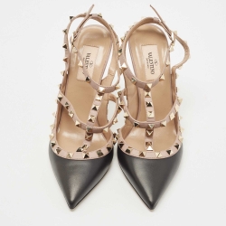 Pre Owned Valentino Black/Dusty Pink Leather Rockstud Ankle Strap Pumps Size 39