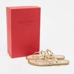 Pre Owned Valentino Gold Rubber Rockstud Slide Flats Size 37