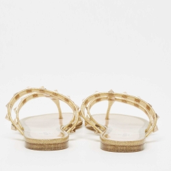 Pre Owned Valentino Gold Rubber Rockstud Slide Flats Size 37