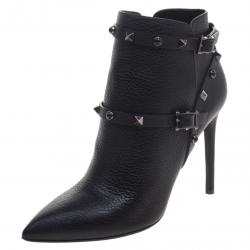 Pre Owned Valentino Black Leather Rolling Rockstud Ankle Boots Size 39