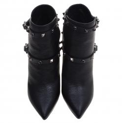 Pre Owned Valentino Black Leather Rolling Rockstud Ankle Boots Size 39