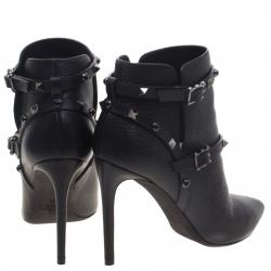 Pre Owned Valentino Black Leather Rolling Rockstud Ankle Boots Size 39