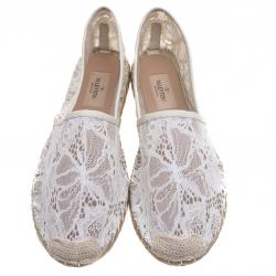 Pre Owned Valentino White Lace Espadrille Flats Size 40