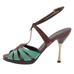 مملوكة مسبقًا Valentino Turquoise and Brown Leather Ankle Strap Sandals Size 37.5
