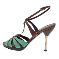 مملوكة مسبقًا Valentino Turquoise and Brown Leather Ankle Strap Sandals Size 37.5