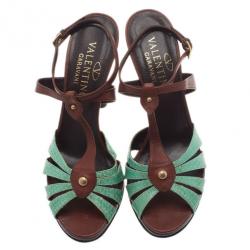 مملوكة مسبقًا Valentino Turquoise and Brown Leather Ankle Strap Sandals Size 37.5