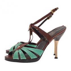 مملوكة مسبقًا Valentino Turquoise and Brown Leather Ankle Strap Sandals Size 37.5