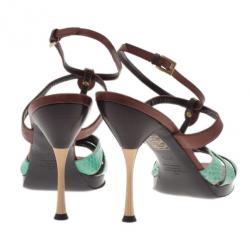 مملوكة مسبقًا Valentino Turquoise and Brown Leather Ankle Strap Sandals Size 37.5