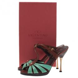 مملوكة مسبقًا Valentino Turquoise and Brown Leather Ankle Strap Sandals Size 37.5