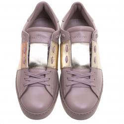 Pre Owned Valentino Blush Pink And Gold Band Leather Open Low Top Sneakers Size 40