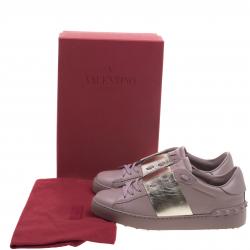 Pre Owned Valentino Blush Pink And Gold Band Leather Open Low Top Sneakers Size 40