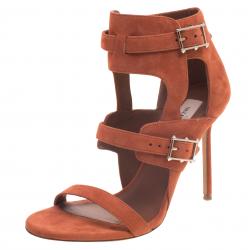 Pre Owned Valentino Orange Suede Buckle Detail Ankle Wrap Sandals Size 38