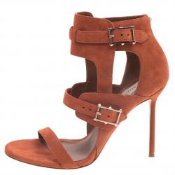 Pre Owned Valentino Orange Suede Buckle Detail Ankle Wrap Sandals Size 38