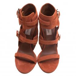 Pre Owned Valentino Orange Suede Buckle Detail Ankle Wrap Sandals Size 38