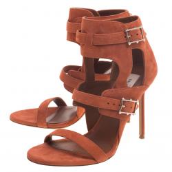 Pre Owned Valentino Orange Suede Buckle Detail Ankle Wrap Sandals Size 38