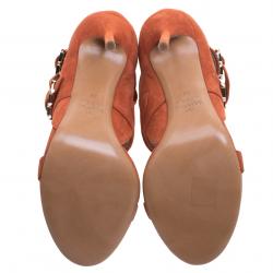 Pre Owned Valentino Orange Suede Buckle Detail Ankle Wrap Sandals Size 38