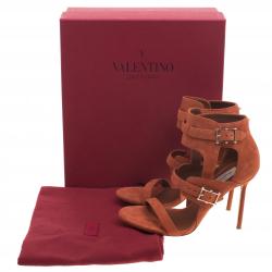 Pre Owned Valentino Orange Suede Buckle Detail Ankle Wrap Sandals Size 38