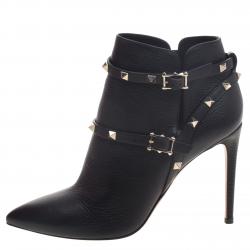 Pre Owned Valentino Black Leather Rockstud Pointed Toe Ankle Boots Size 40.5