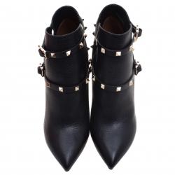Pre Owned Valentino Black Leather Rockstud Pointed Toe Ankle Boots Size 40.5