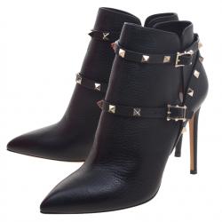 Pre Owned Valentino Black Leather Rockstud Pointed Toe Ankle Boots Size 40.5