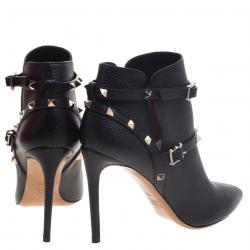 Pre Owned Valentino Black Leather Rockstud Pointed Toe Ankle Boots Size 40.5