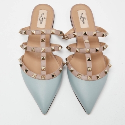 Pre Owned Valentino Blue/Pink Leather Rockstud Strappy Flat Mules Size 38