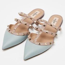 Pre Owned Valentino Blue/Pink Leather Rockstud Strappy Flat Mules Size 38