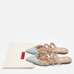 Pre Owned Valentino Blue/Pink Leather Rockstud Strappy Flat Mules Size 38