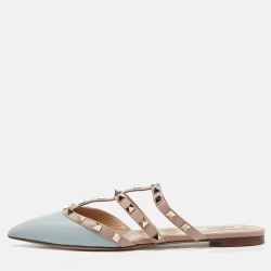 Pre Owned Valentino Blue/Pink Leather Rockstud Strappy Flat Mules Size 38