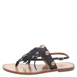 Pre Owned Valentino Black Leather Fringed Coin Detail Thong Sandals Size 39