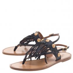 Pre Owned Valentino Black Leather Fringed Coin Detail Thong Sandals Size 39