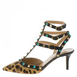 Pre Owned Valentino Leopard Print Calf Hair Rolling Rockstud Sandals Size 37