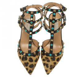 Pre Owned Valentino Leopard Print Calf Hair Rolling Rockstud Sandals Size 37