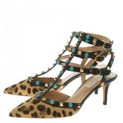 Pre Owned Valentino Leopard Print Calf Hair Rolling Rockstud Sandals Size 37