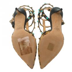 Pre Owned Valentino Leopard Print Calf Hair Rolling Rockstud Sandals Size 37