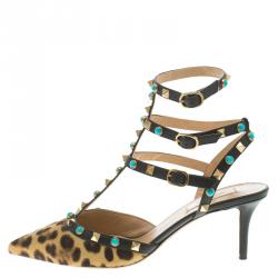 Pre Owned  Valentino Leopard Print Calf Hair Rolling Rockstud Sandals Size 39